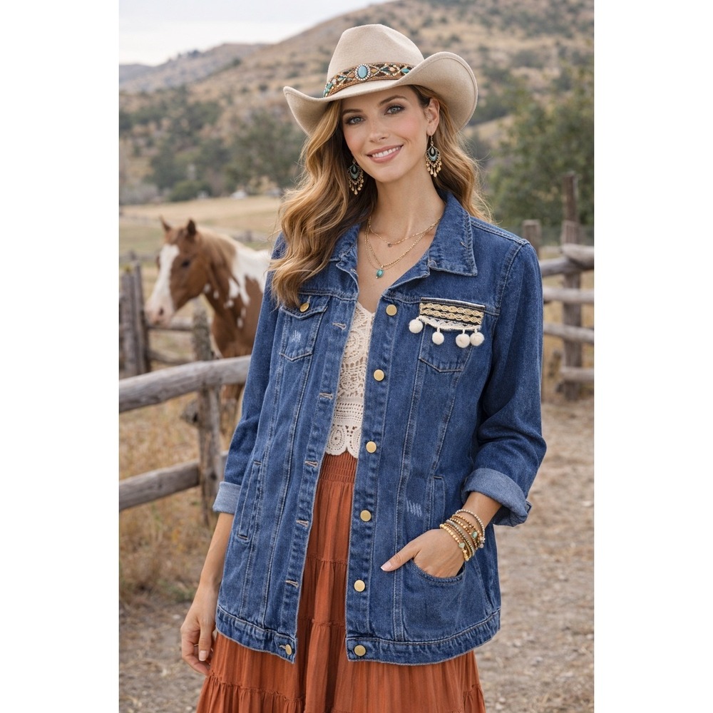 Scarlett Women's Denim Western Jacket Blue Embellished Boho Festival XL